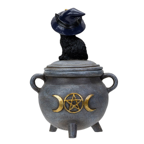 Trinket box of a gray cauldron with gold moon and pentagram, and cat in witch hat on the lid, shown from the back
