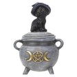 Trinket box of a gray cauldron with gold moon and pentagram, and cat in witch hat on the lid