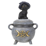 Trinket box of a gray cauldron with gold moon and pentagram, and cat in witch hat on the lid