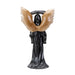Figurine of a grim reaper in black with scythe and bell. Back view, tan wings