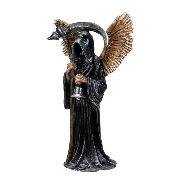 Figurine of a grim reaper in black with scythe and bell