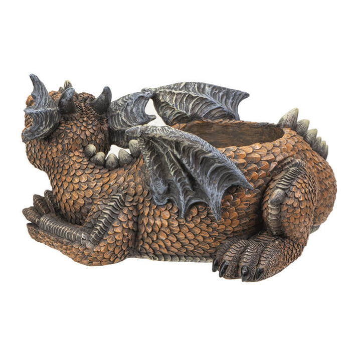 Flower planter pot of reddish-brown dragon curled up, lounging.