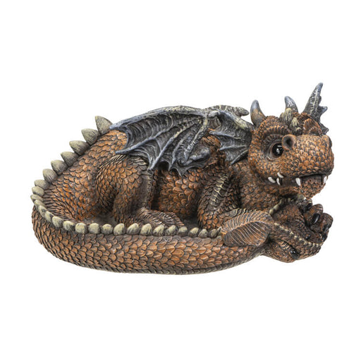 Flower planter pot of reddish-brown dragon curled up, lounging.