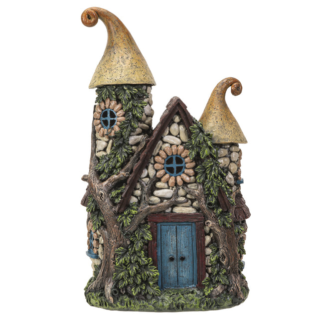 Garden House figurine for fairy gardens, yellow roofs and faux-stone with foliage