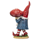 Faux-wood resin figurine of gnome in blue shirt, red hat, carrying mushroom