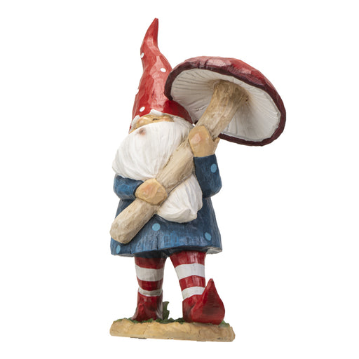 Faux-wood resin figurine of gnome in blue shirt, red hat, carrying mushroom