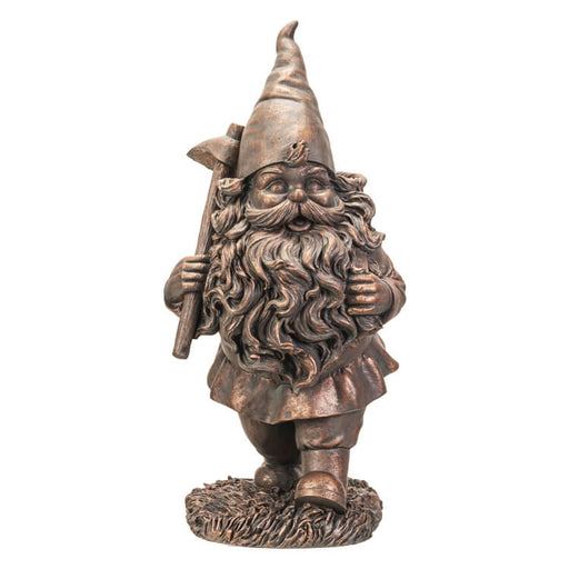 Bronze garden gnome with pickaxe and basket on his back, floral planter