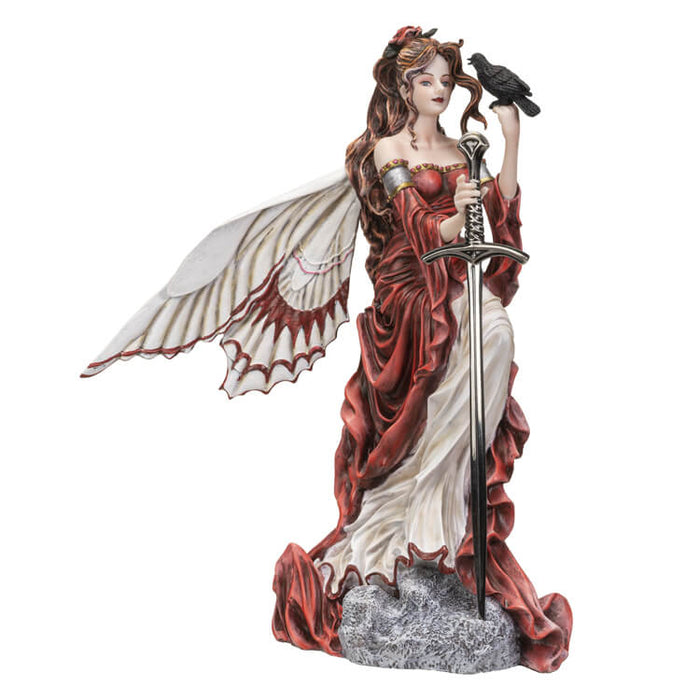 Fairy in red and white dress with brown hair holding a raven on one hand, and a sword that doubles as a letter opener in the other