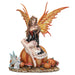 Brunette fairy with orange wings in black and white dress sitting on pumpkin next to more gourds, mushroom, and winged fairy cat