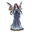 Figurine of fairy in blue-gray dress, brunette hair, wings, holding a bowl of orange fire