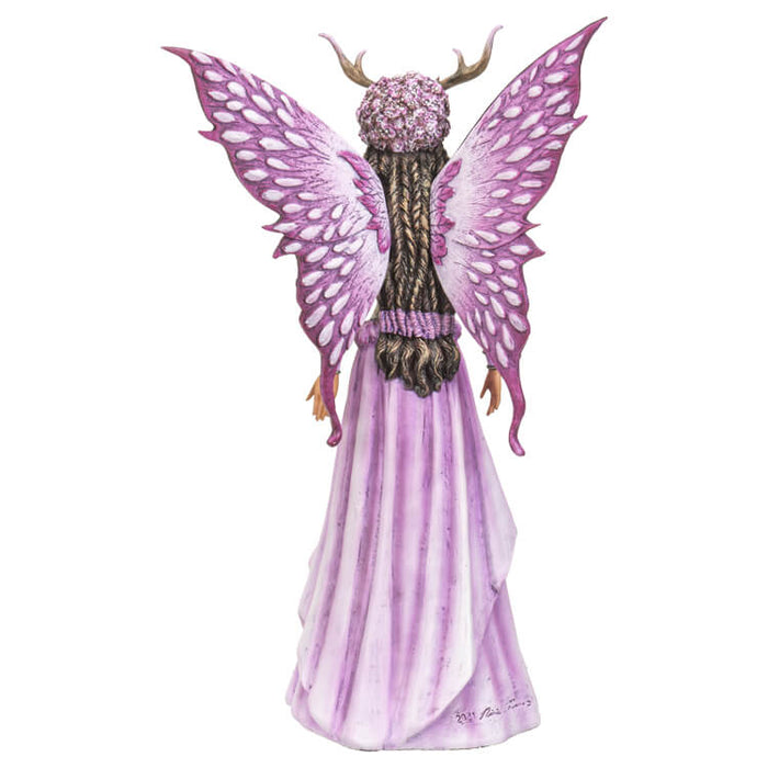 Fairy figurine in pink with braided hair and flower petal wings, shown from the back