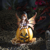 Amy Brown figurine of fairy in pumpkin with black cat on head and two more in pumpkin face