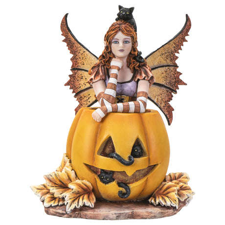 Amy Brown figurine of fairy in pumpkin with black cat on head and two more in pumpkin face