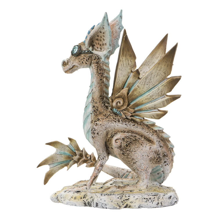 Figurine of a dragon with tan scales accented in blue, Steampunk theme wearing goggles