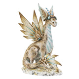 Figurine of a dragon with tan scales accented in blue, Steampunk theme wearing goggles