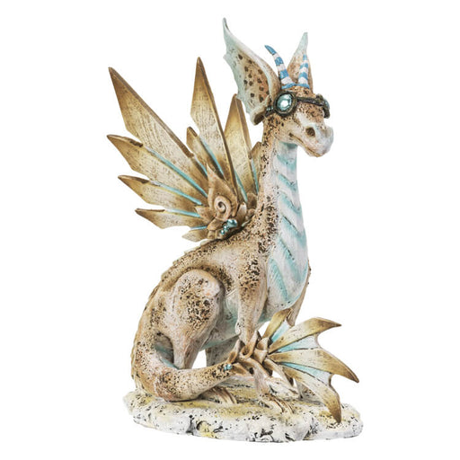 Figurine of a dragon with tan scales accented in blue, Steampunk theme wearing goggles