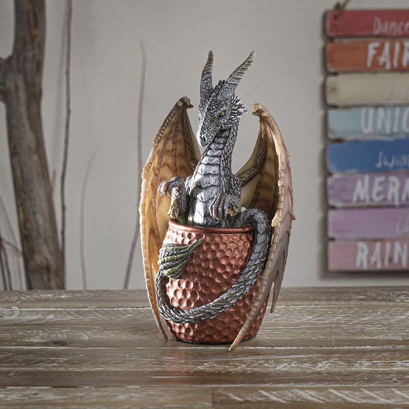 Moscow mule dragon in gray and tan sitting in faux copper mug