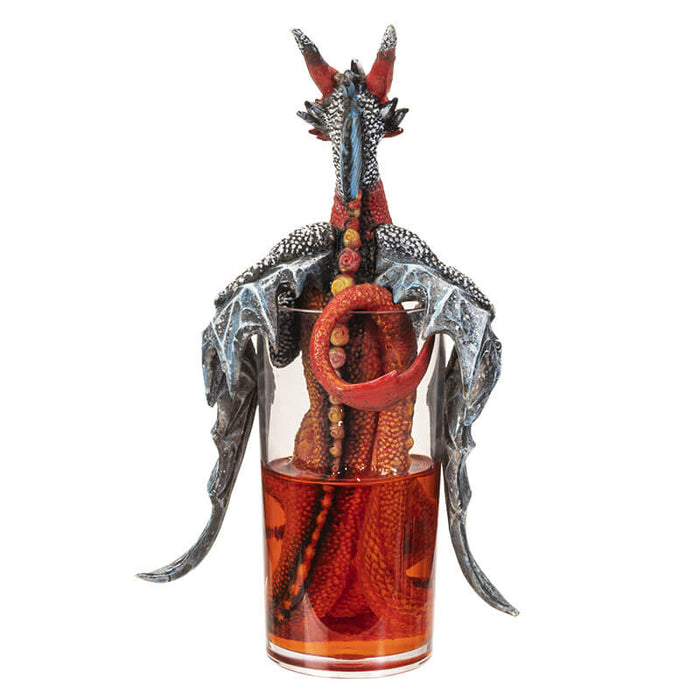 Long Island Ice Tea dragon in silver and copper colors in a fake glass of transparent resin tea, shown from the back with curly red tail
