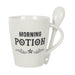 Coffee mug in white with black text, MORNING POTION with spoon