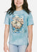 Aqua mottled t-shirt with two otters floating and holding hands, art by Jody Bergsma, shown on a child