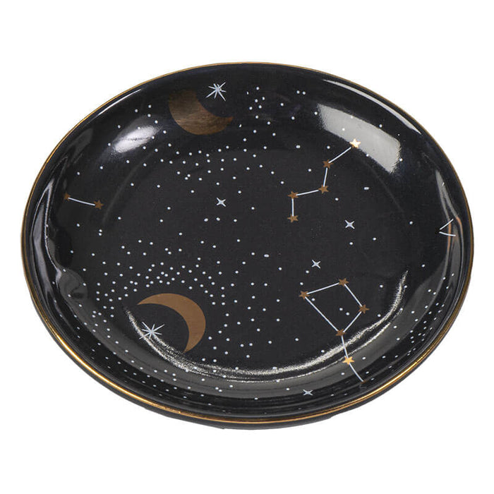 Deep purple trinket dish with silver stars and constellations and gold metallic moons and stars