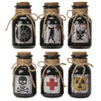 Set of six black bottles with cork lids and hazard symbol labels 