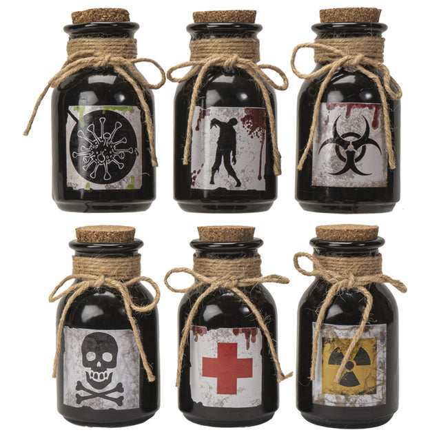 Set of six black bottles with cork lids and hazard symbol labels 