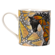 A white ceramic mug featuring a printed design of a horse's head and neck overlaid with orange and yellow butterfly wings with black and white spots