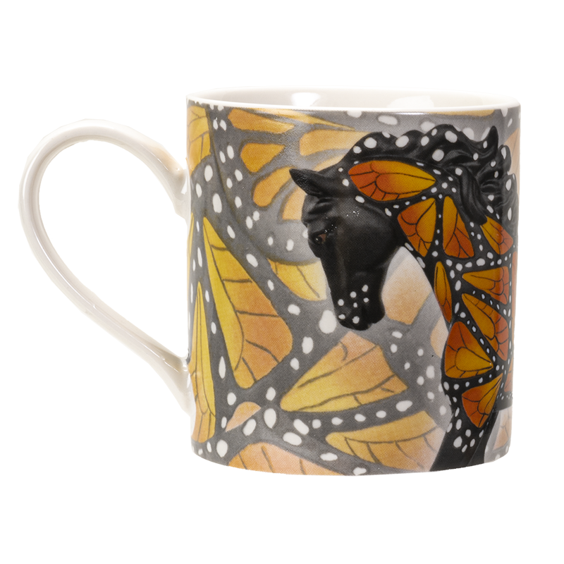 A white ceramic mug featuring a printed design of a horse's head and neck overlaid with orange and yellow butterfly wings with black and white spots