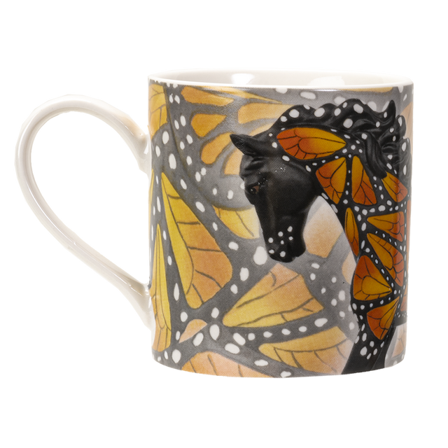 A white ceramic mug featuring a printed design of a horse's head and neck overlaid with orange and yellow butterfly wings with black and white spots