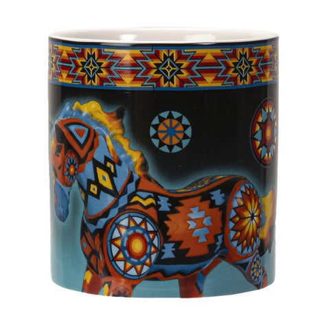 Colorful mug with a horse design and Southwestern patterns on a black background