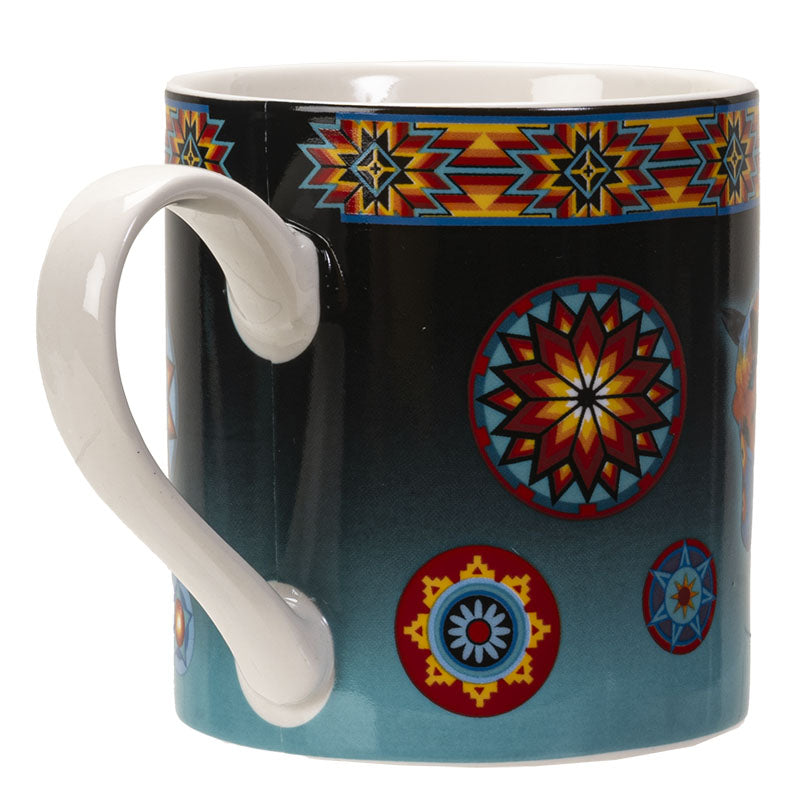 Colorful mug with Southwestern patterns on a black background