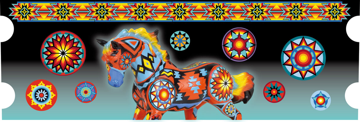 Colorful mug design with a horse and Southwestern patterns on a black background, full design shown
