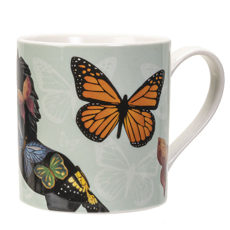 Mug with a design of a horse and butterflies on a light green background
