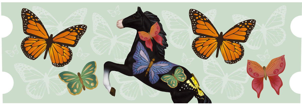 Decorative art with a horse and butterflies on a light green background - full image of mug wrap design