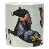Mug with a design of a horse and butterflies on a light green background