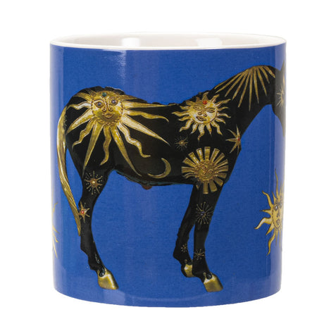 A blue ceramic mug featuring a black horse decorated with gold sun & moon motifs 