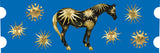 A blue ceramic mug design featuring a black horse decorated with gold sun & moon motifs 