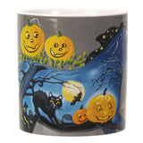 A gray ceramic mug with a white handle and interior, decorated with a Halloween design featuring a blue horse with spiderwebs, orange jack-o'-lantern pumpkins, white cobwebs, and other spooky details