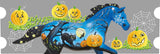 A gray ceramic mug  - full design with a white handle and interior, decorated with a Halloween design featuring a blue horse with spiderwebs, orange jack-o'-lantern pumpkins, white cobwebs, and other spooky details
