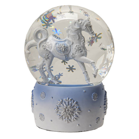 Snowglobe with white horse and silver snowflake accents, and snow glitter inside