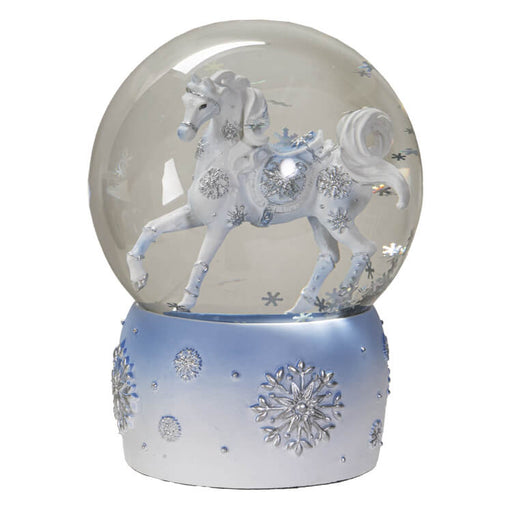 Snowglobe with white horse and silver snowflake accents, and snow glitter inside