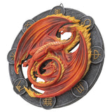 Beltane red and orange dragon on a black wheel with runic symbols, to hang on a wall