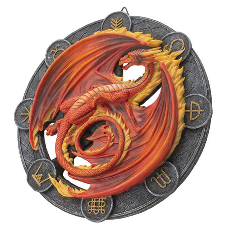 Beltane red and orange dragon on a black wheel with runic symbols, to hang on a wall