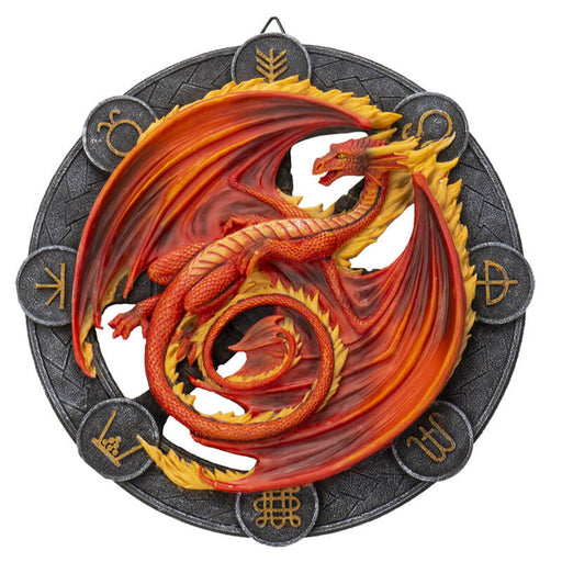 Beltane red and orange dragon on a black wheel with runic symbols, to hang on a wall
