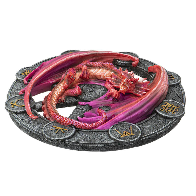 Lammas dragon plaque featuring a magenta and red dragon on a black wheel with runic symbols