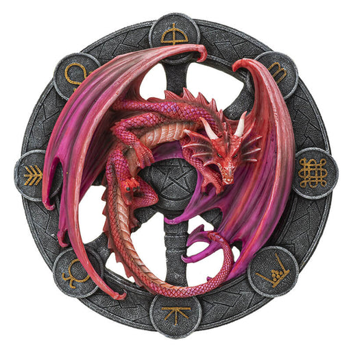 Lammas dragon plaque featuring a magenta and red dragon on a black wheel with runic symbols