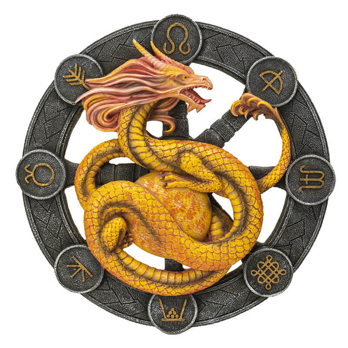 Litha dragon in yellow and orange upon a black wheel with gold symbols