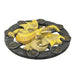 Yellow Mabon dragon on a black wheel with gold symbols