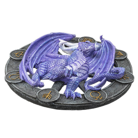 Purple Samhain dragon on a black wheel with gold symbols